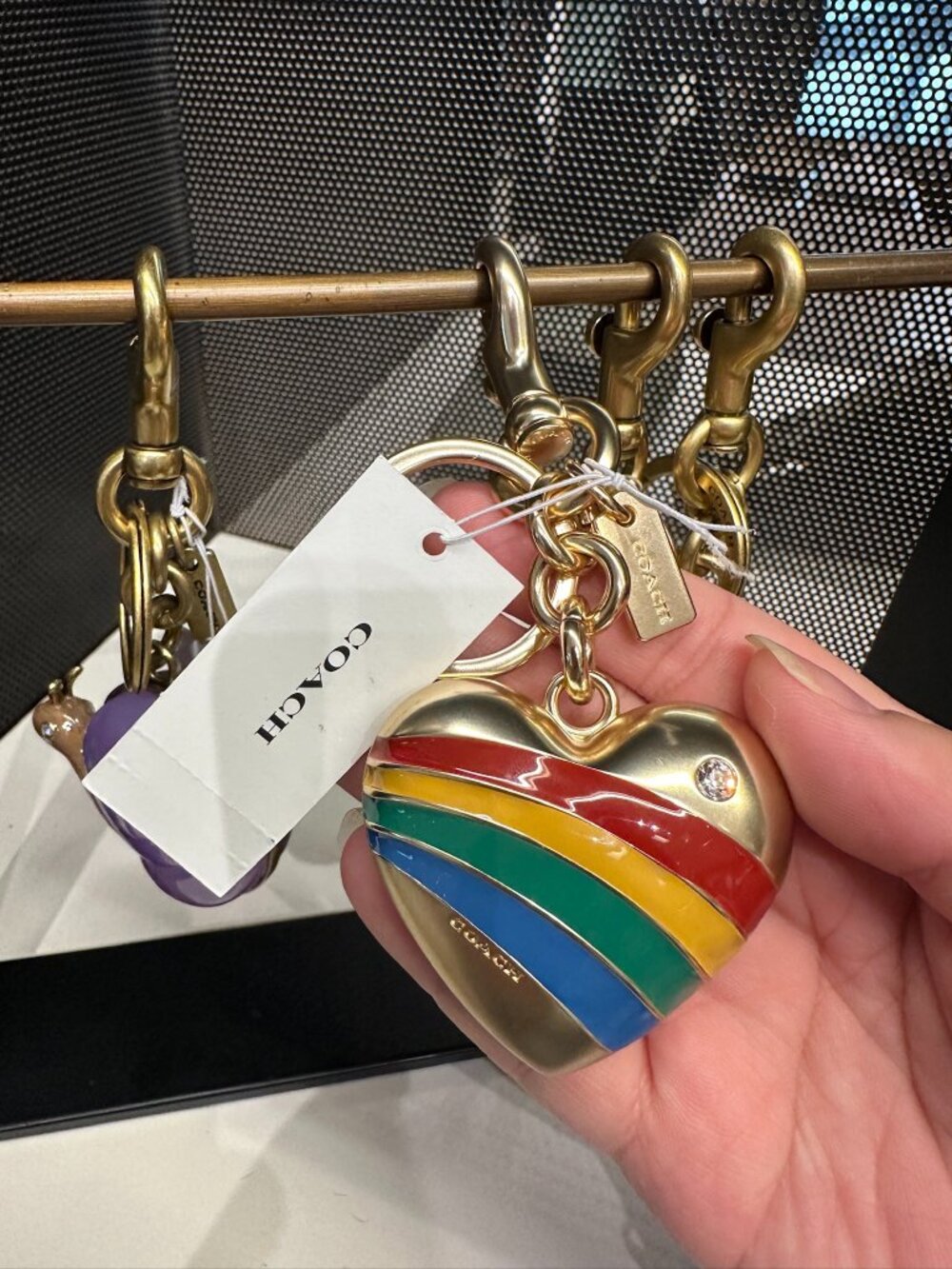 NWT! Coach CAX71 Rainbow Heart Metal & Enamel Bag Charm Keychain Fob Brass Multi